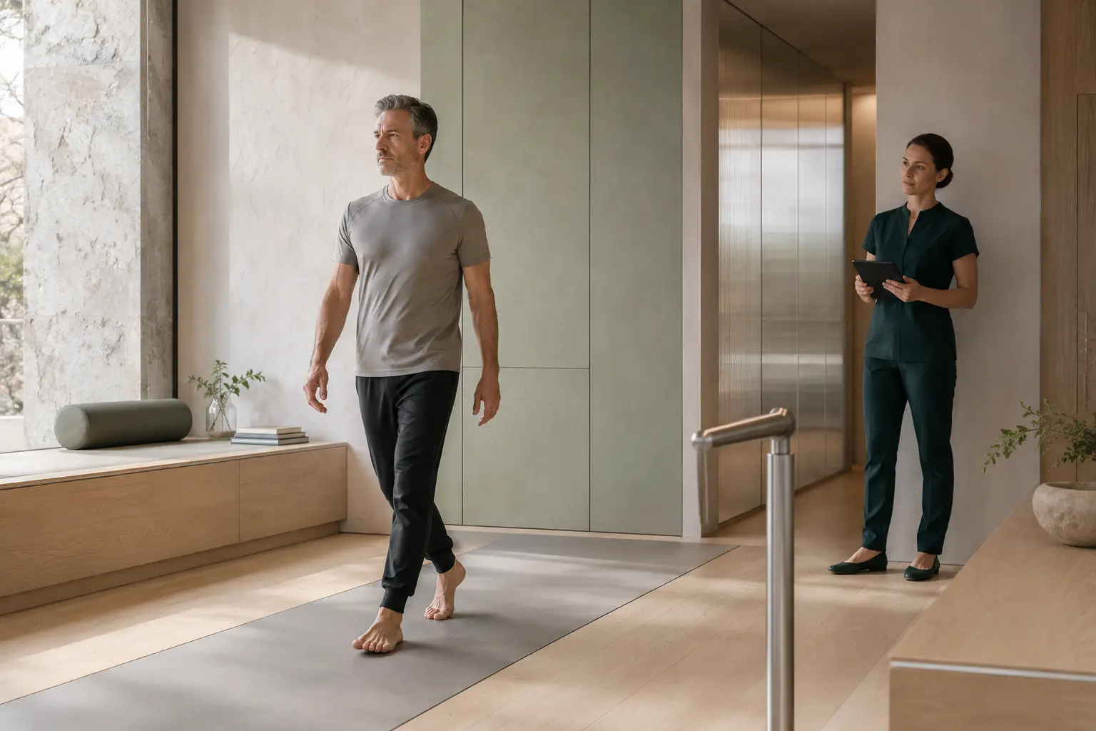 A patient walking during a calm mobility assessment with a clinician